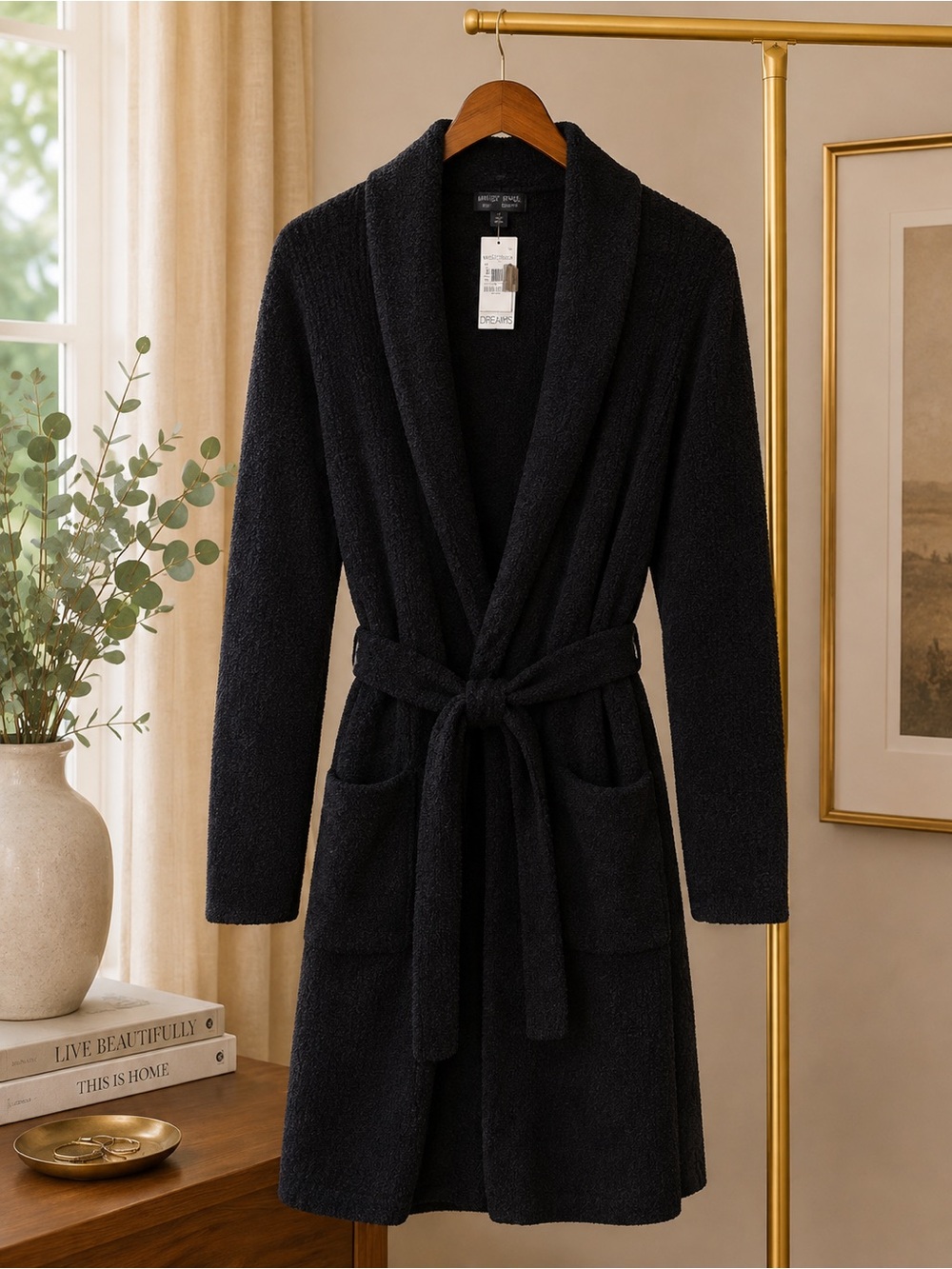 NWT Barefoot Dreams CozyChic Black Belted Robe Cardigan Size L | Luxury Soft
